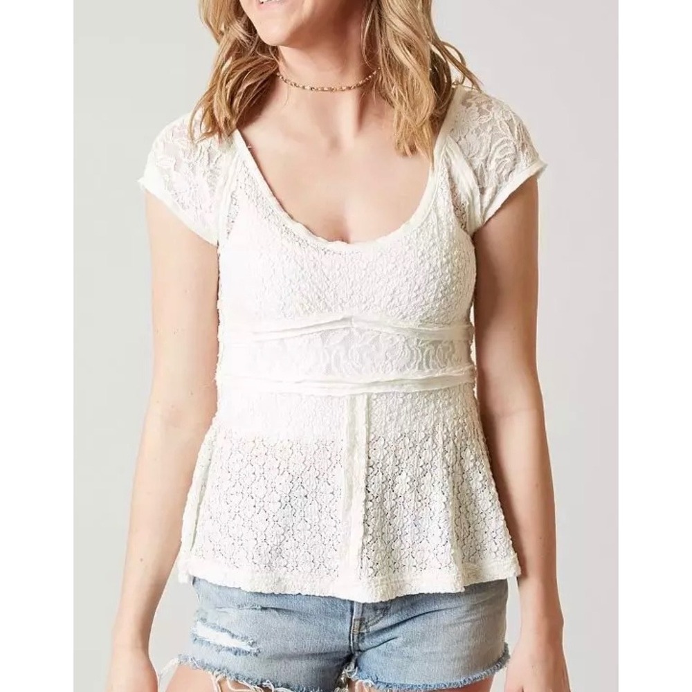 Free People Besties Top women Small Cream Lace Boho Back Button Cap Sleeve